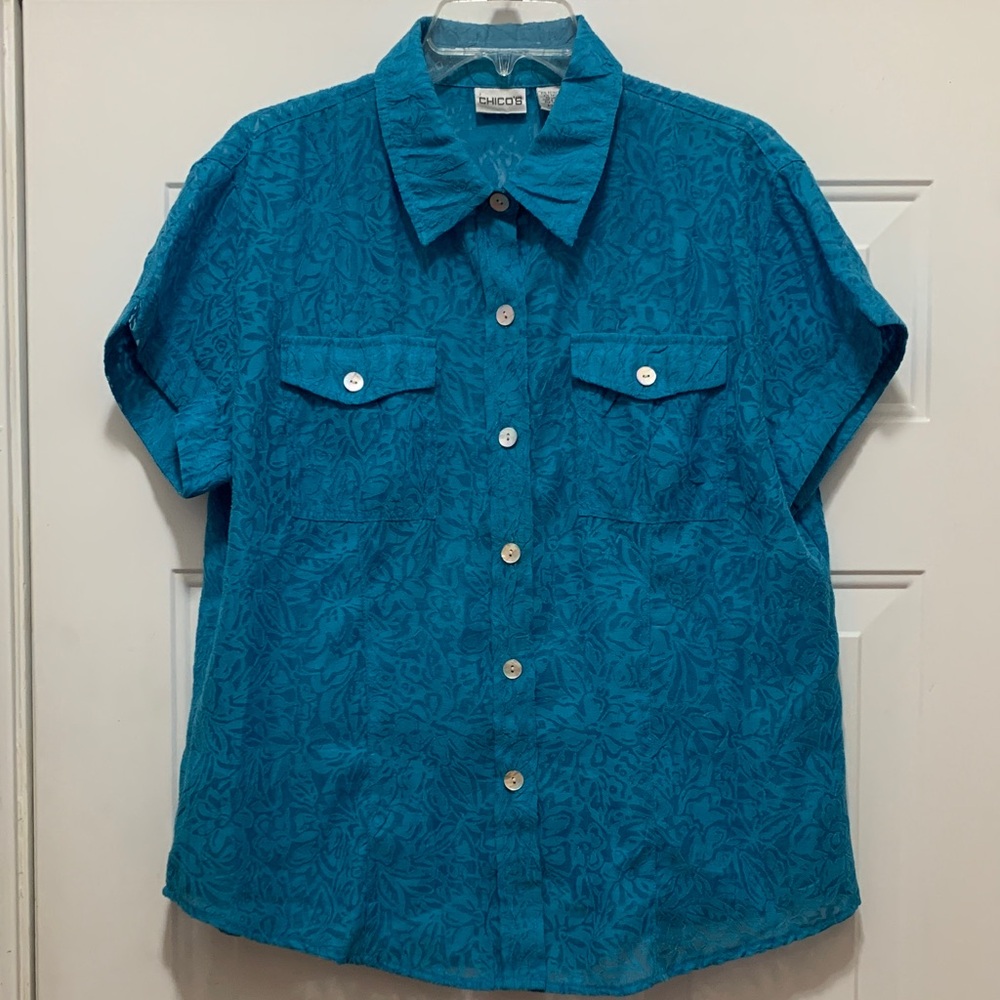 Chico's Teal Blue Short-Sleeve Button Front Shirt